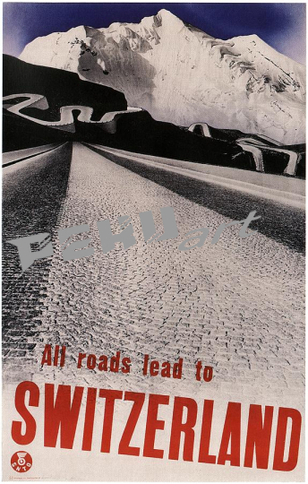 all roads lead to switzerland snowy mountain retro travel po