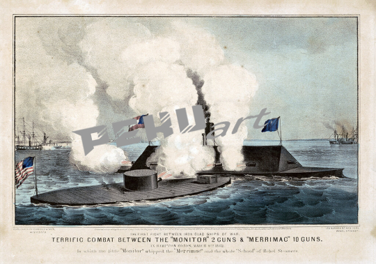 Currier and Ives Monitor 2 Guns civil war 